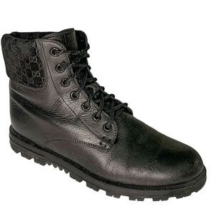 Gucci Fur Lined Combat Boots EU 37 US 7 Black Leather Lace Up MicroGG Guccissima